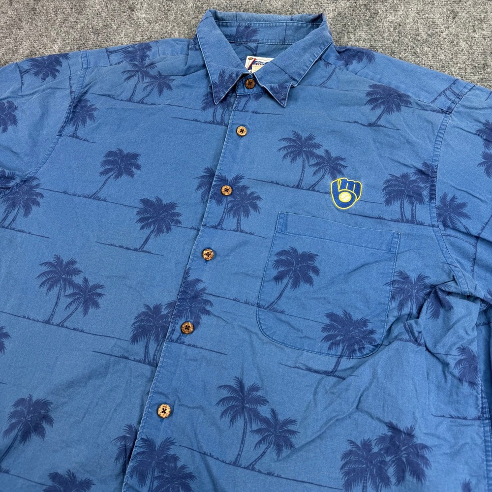 Reyn Spooner Shirt Mens XL Blue Milwaukee Brewers MLB Palm Tree Hawaiian FLAW